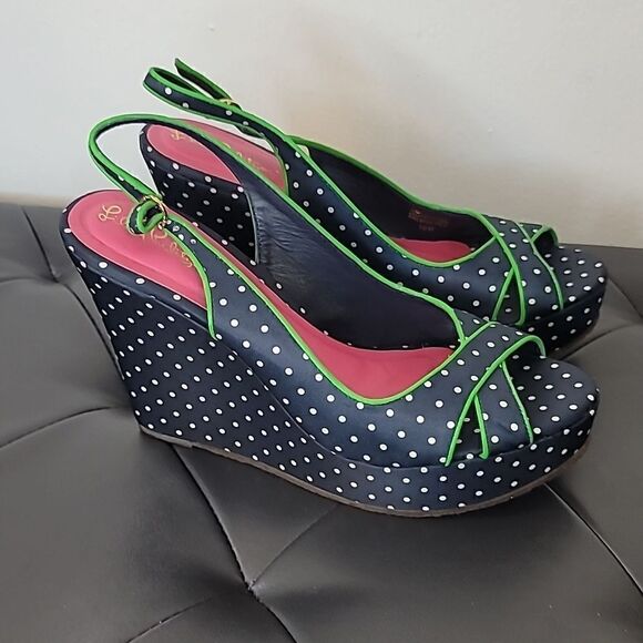 Lilly Pulitzer Polka Dot Wedge Peep Toe Sandals Navy White - Picture 2 of 11